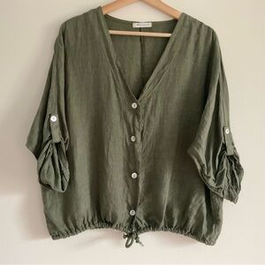 Made in Italy Sage Green Top 100% Linen Lagenlook Size M/L Minimalist Cottage